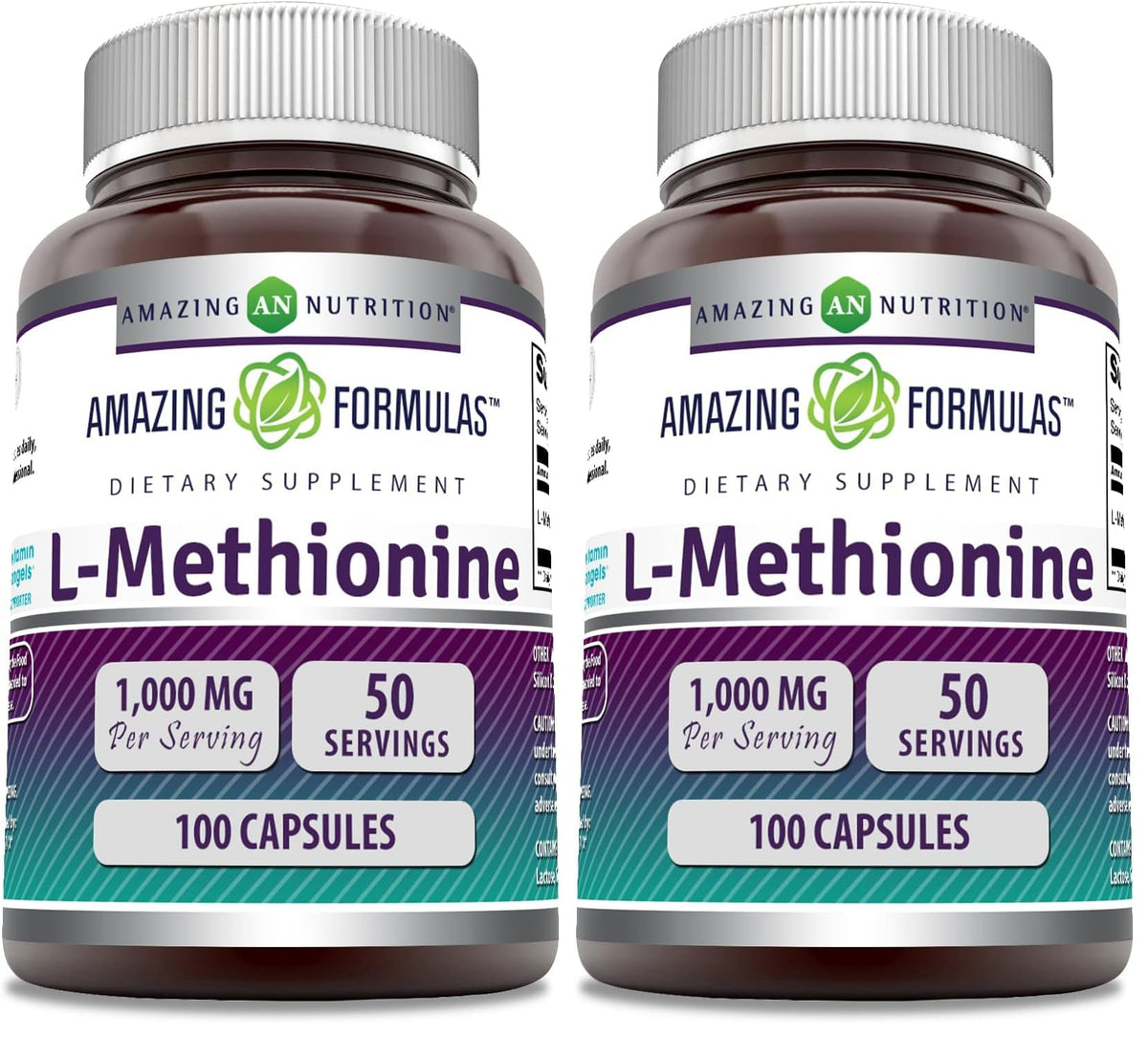 Amazing Nutrition L-Methionine bottle label shows dosage and purity for daily use
