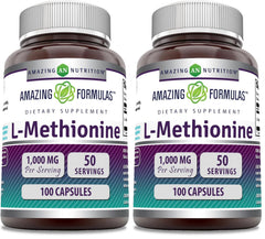 Amazing Nutrition L-Methionine bottle label shows dosage and purity for daily use