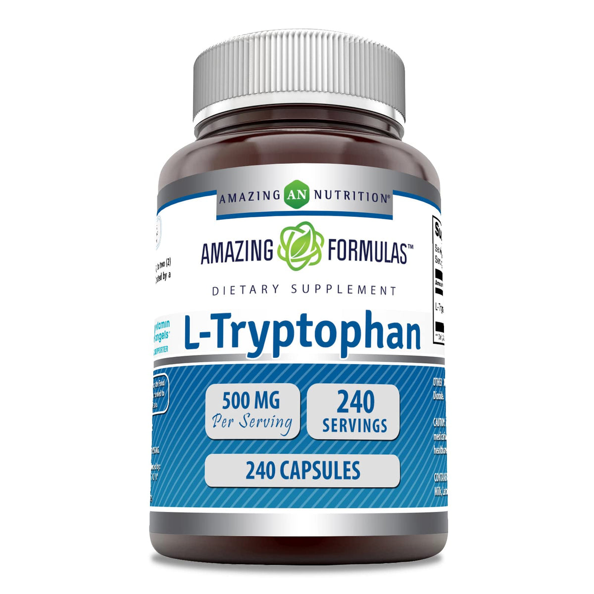 Amazing Nutrition L-Tryptophan bottle with 500 mg capsules, gluten-free and non-GMO, for daily wellness.