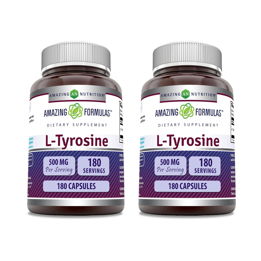 Amazing Nutrition L-Tyrosine 500 mg capsules packaging for daily energy and focus.