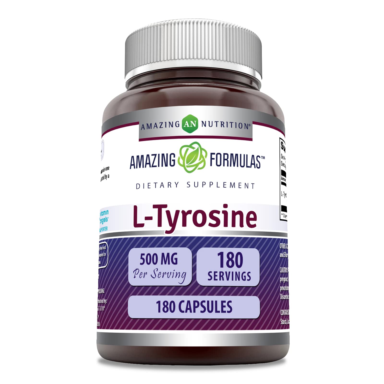 Amazing Nutrition L-Tyrosine bottle front shows 500 mg per serving for daily focus.