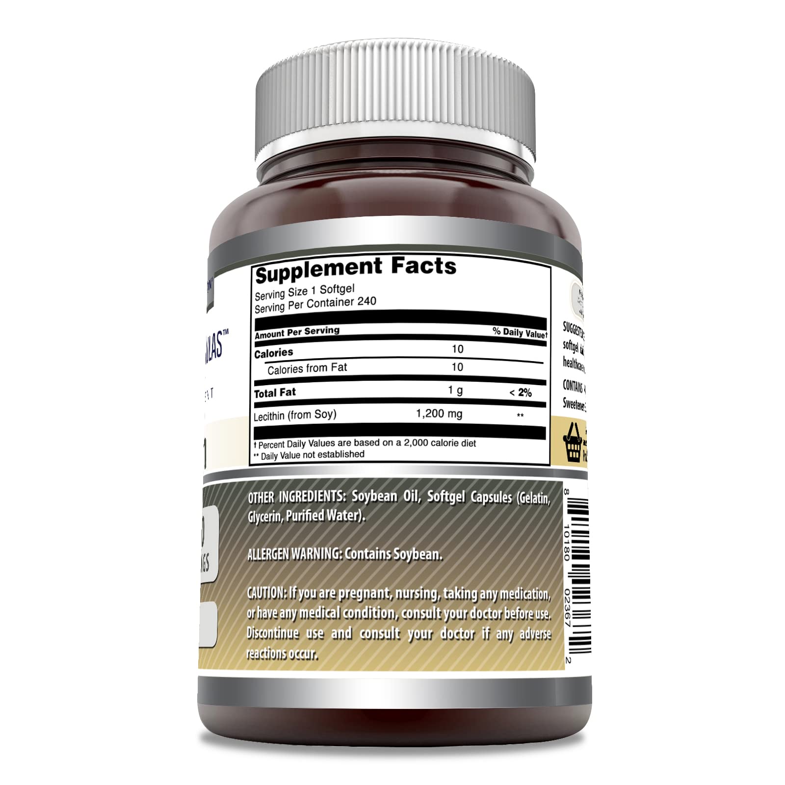 Label highlights 1200 mg serving and clean ingredients on Amazing Nutrition Lecithin.