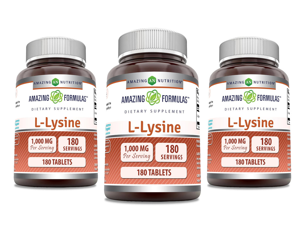 Amazing Nutrition Lysine 1000mg bottle, daily amino acid support.