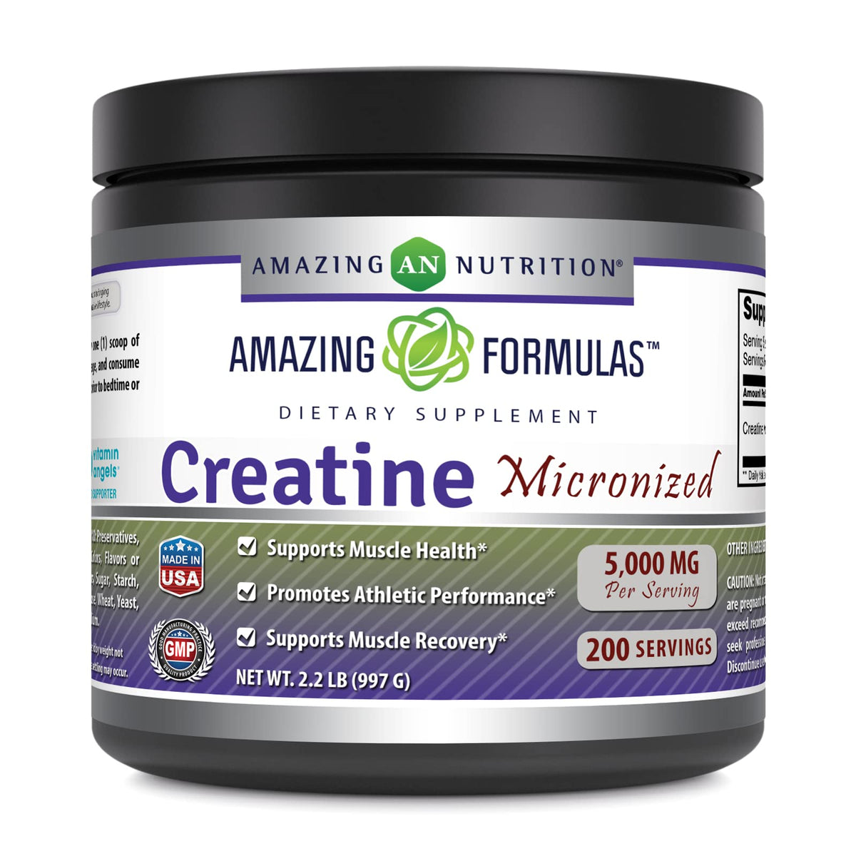 Amazing Nutrition micronized creatine monohydrate powder bottle for easy daily dosing and seamless blends.