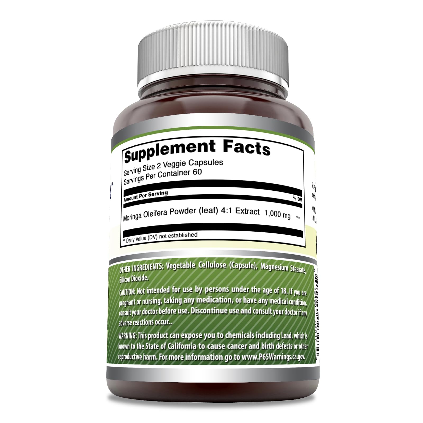 Amazing Nutrition Moringa label close-up showing 1000 mg per serving.