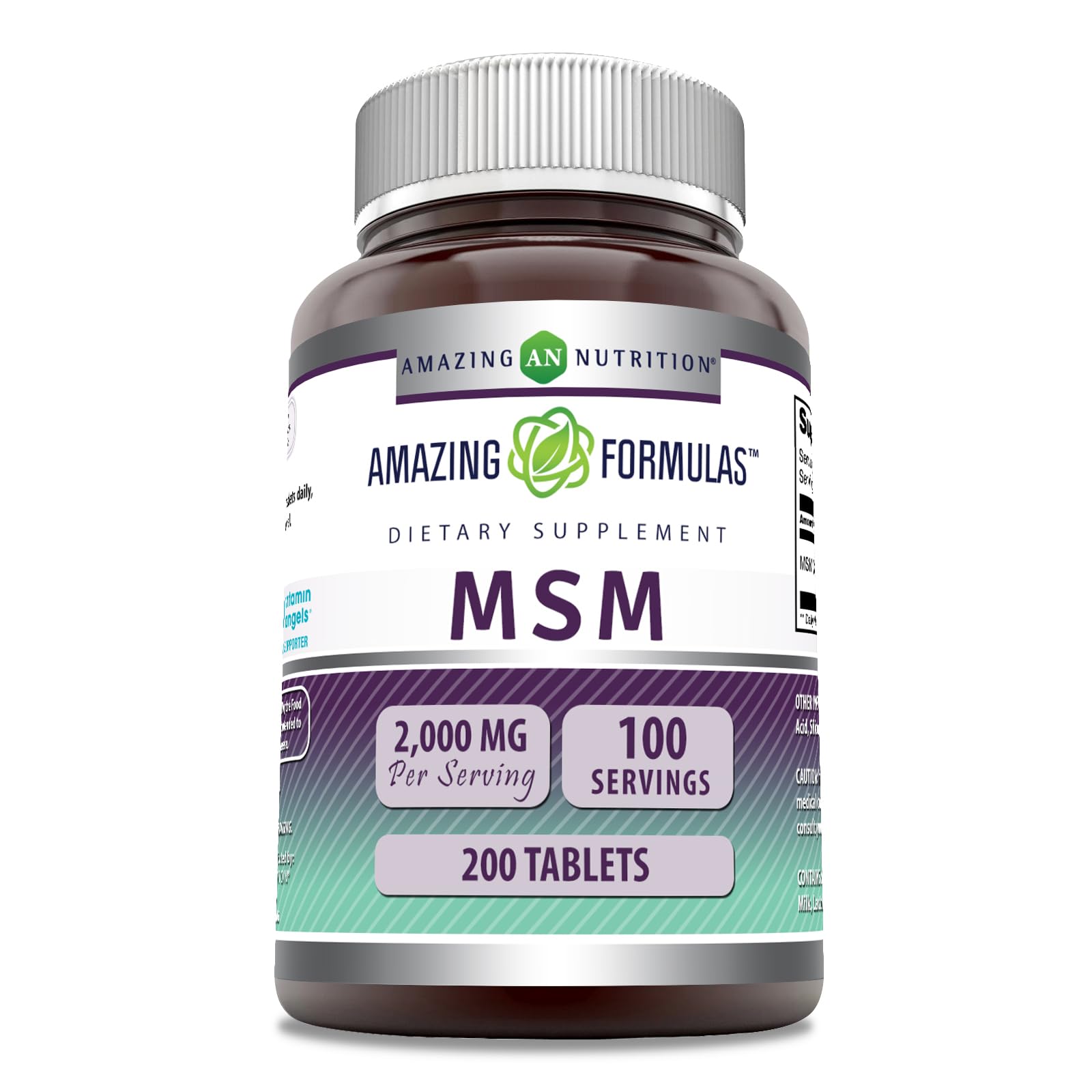 Amazing Nutrition MSM bottle front view showing two-tablet serving