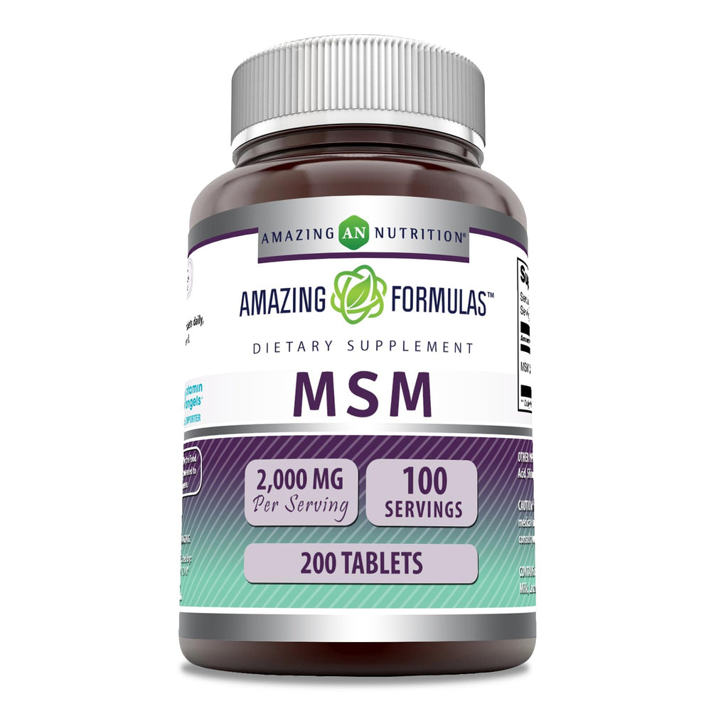 Amazing Nutrition MSM bottle front view showing two-tablet serving
