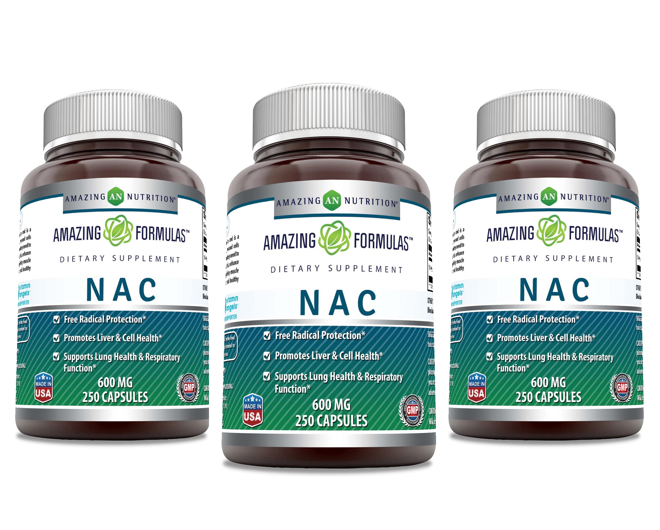 Amazing Nutrition NAC 600mg capsule bottle highlighting purity and potency for daily wellness.