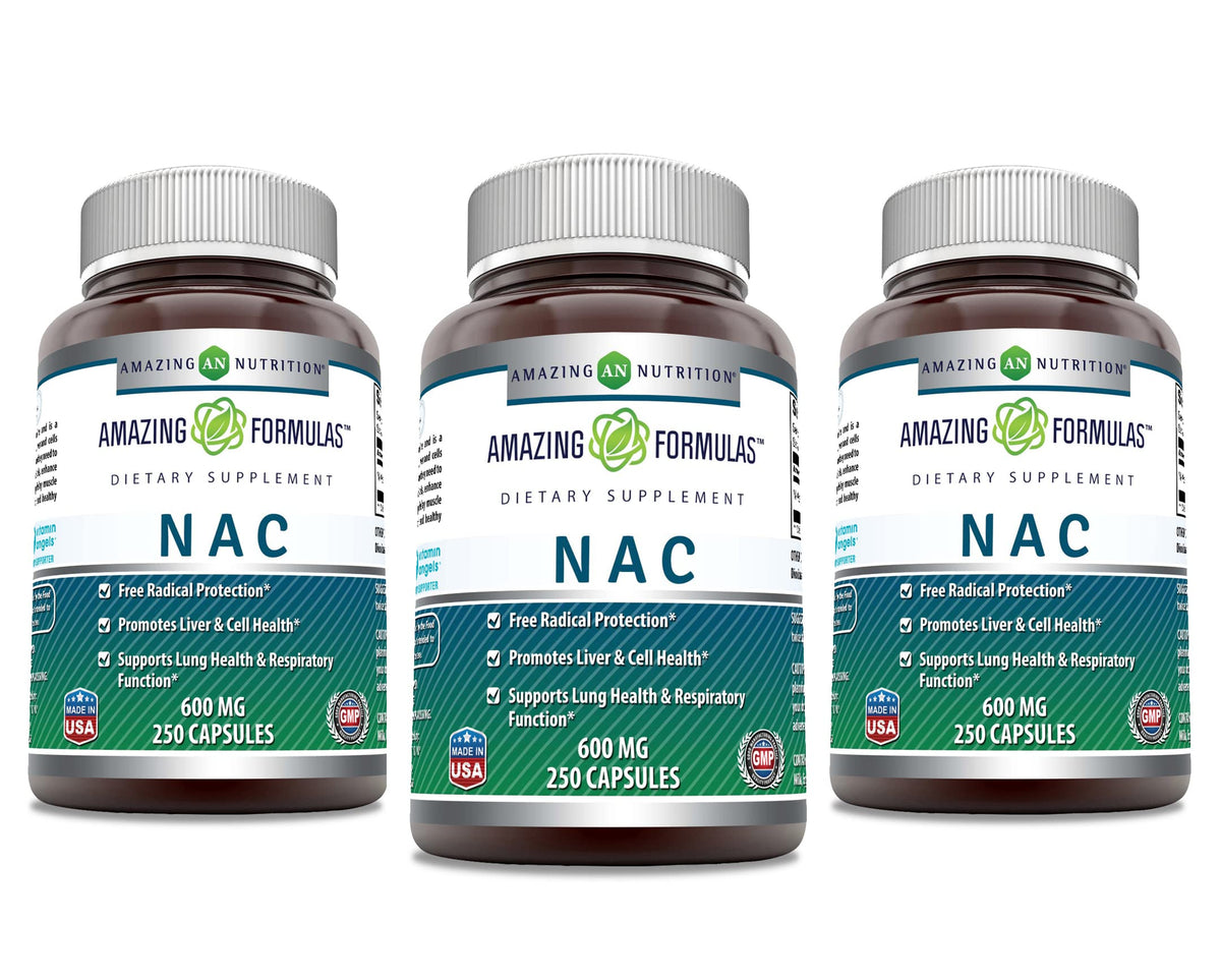 Amazing Nutrition NAC 600mg capsule bottle highlighting purity and potency for daily wellness.