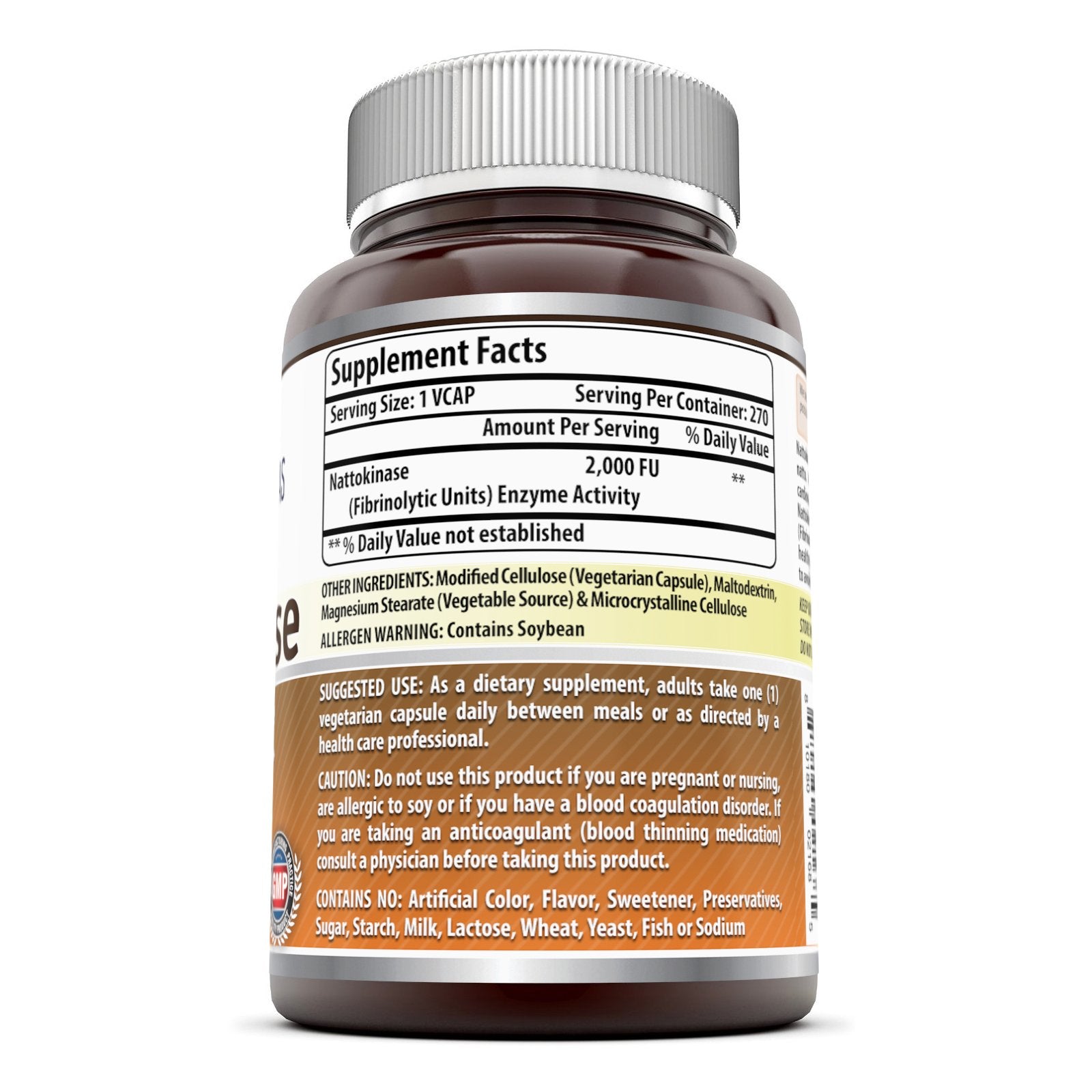 Nattokinase bottle label from Amazing Nutrition highlighting enzyme activity.