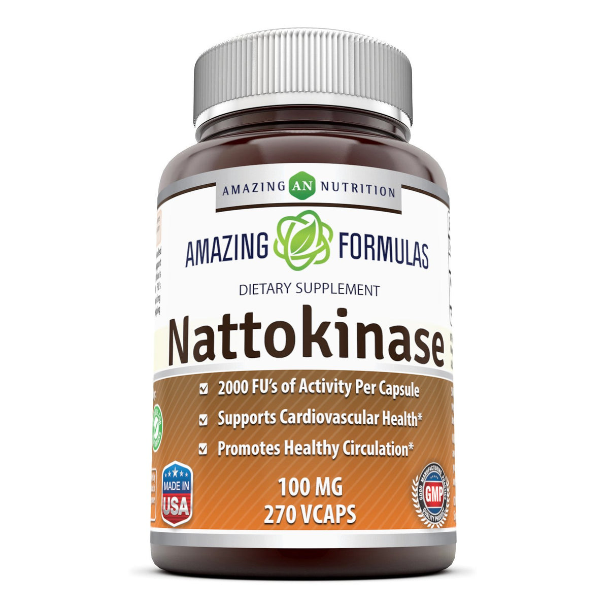 Amazing Nutrition Nattokinase veggie capsule bottle with 2000 FU enzyme activity.