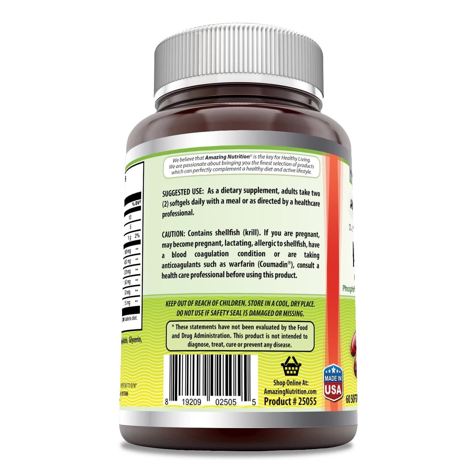Phospholipids and astaxanthin highlighted on Amazing Nutrition Krill Oil label
