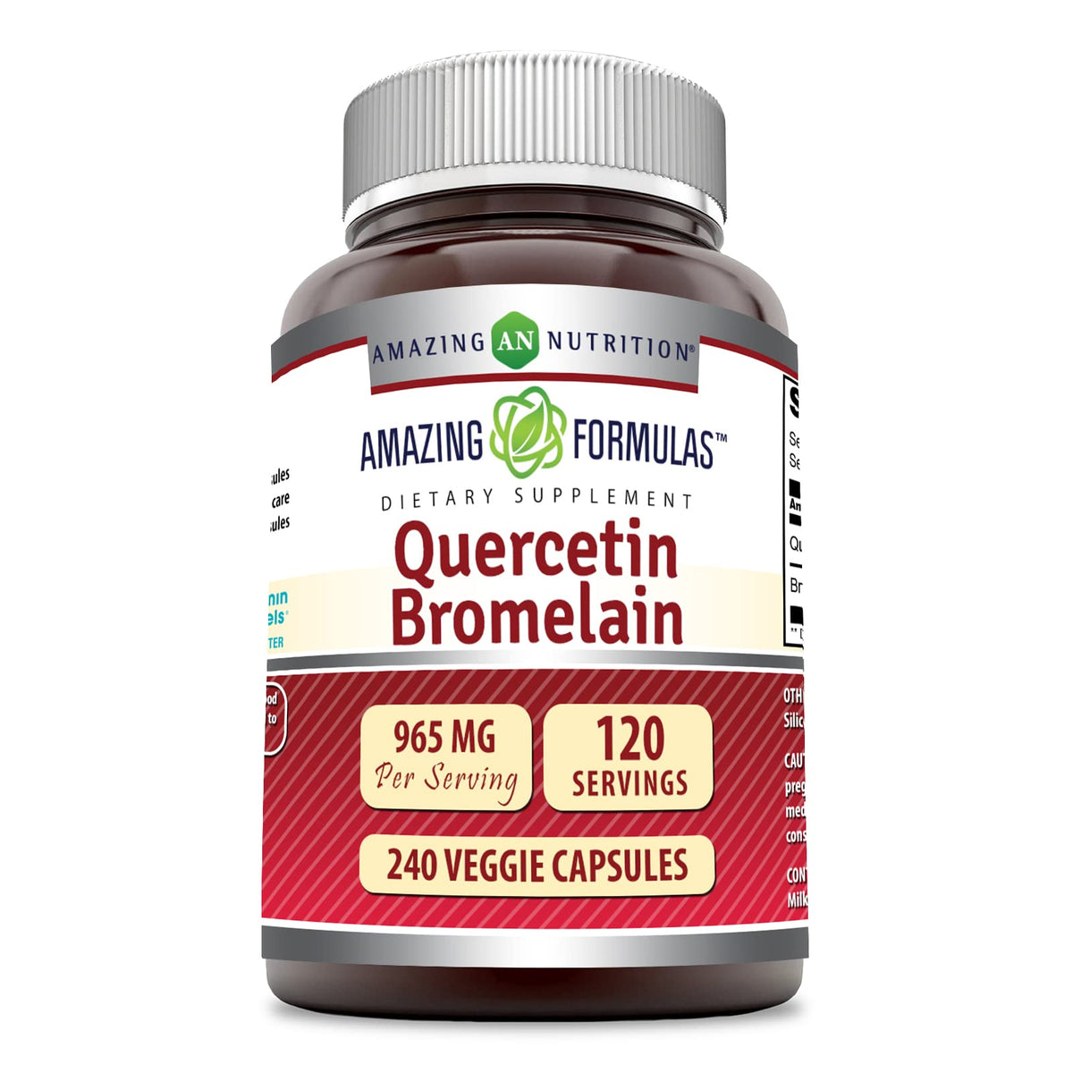 Amazing Nutrition Quercetin 800 mg with Bromelain 165 mg bottle showing label and capsules for immune support