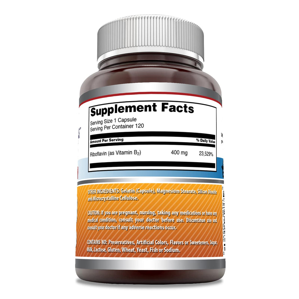 Amazing Nutrition Riboflavin 400mg bottle side view shows 120 servings per bottle.