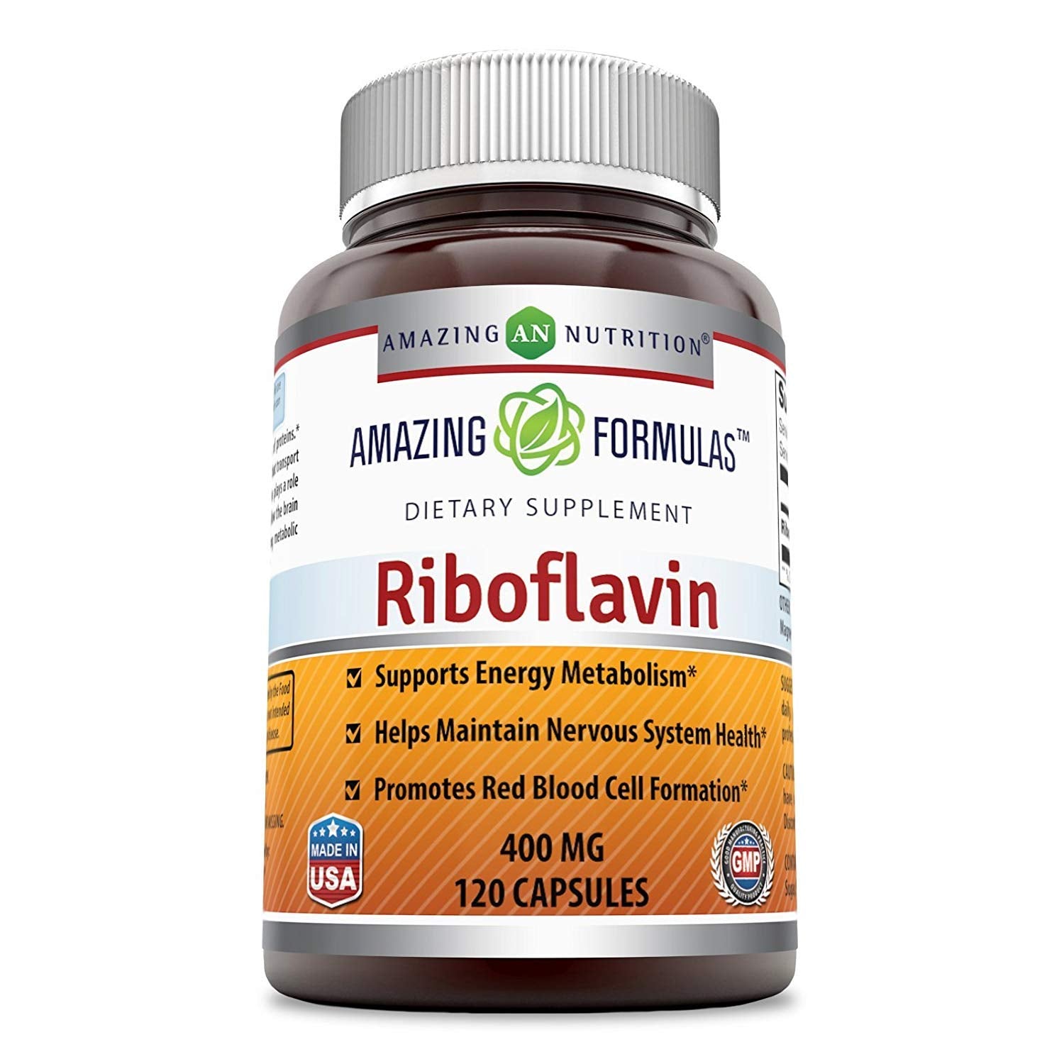 Amazing Nutrition riboflavin 400mg capsules close-up of bottle and GMP-grade seal.