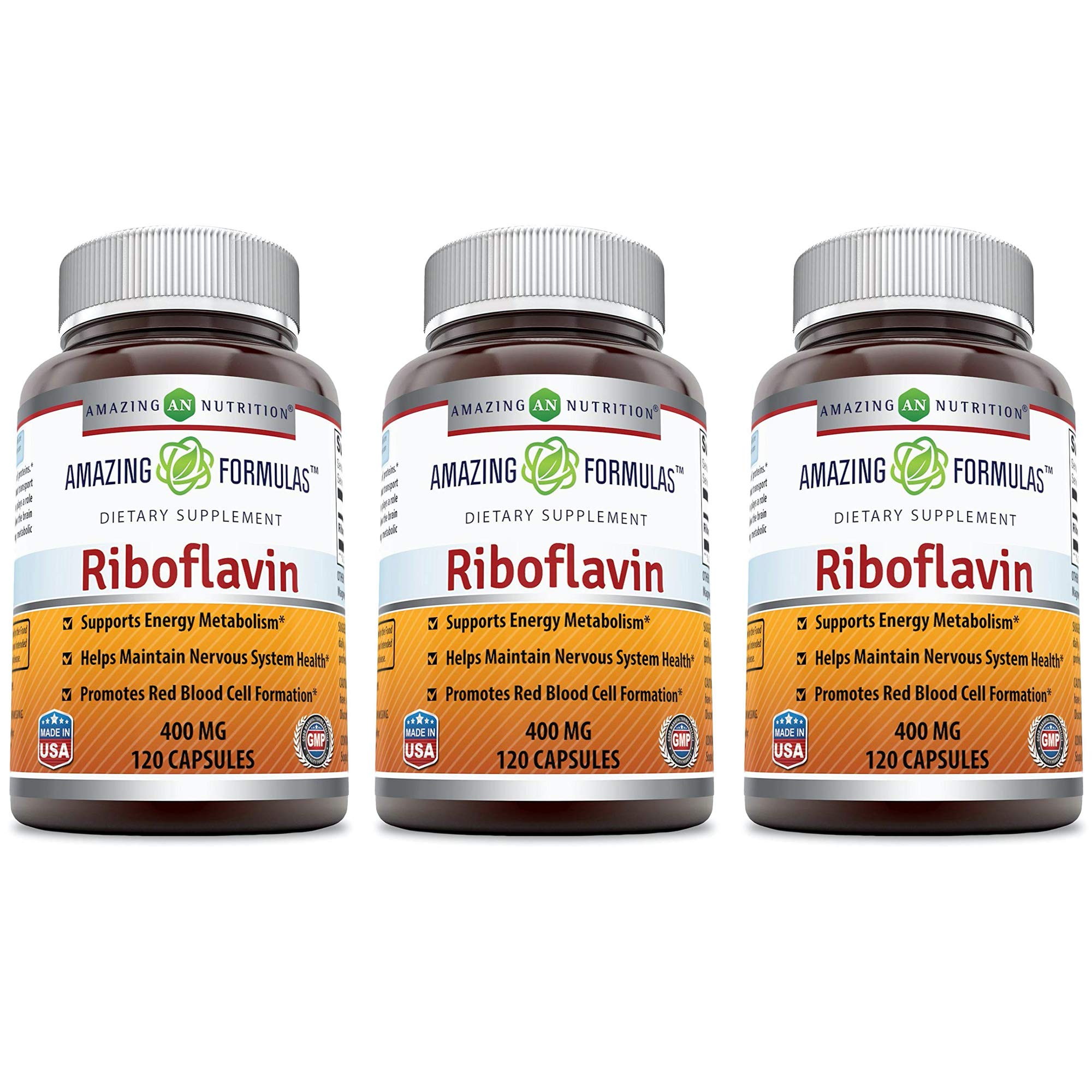Amazing Nutrition riboflavin 400mg capsules bottle showing label for daily energy support.
