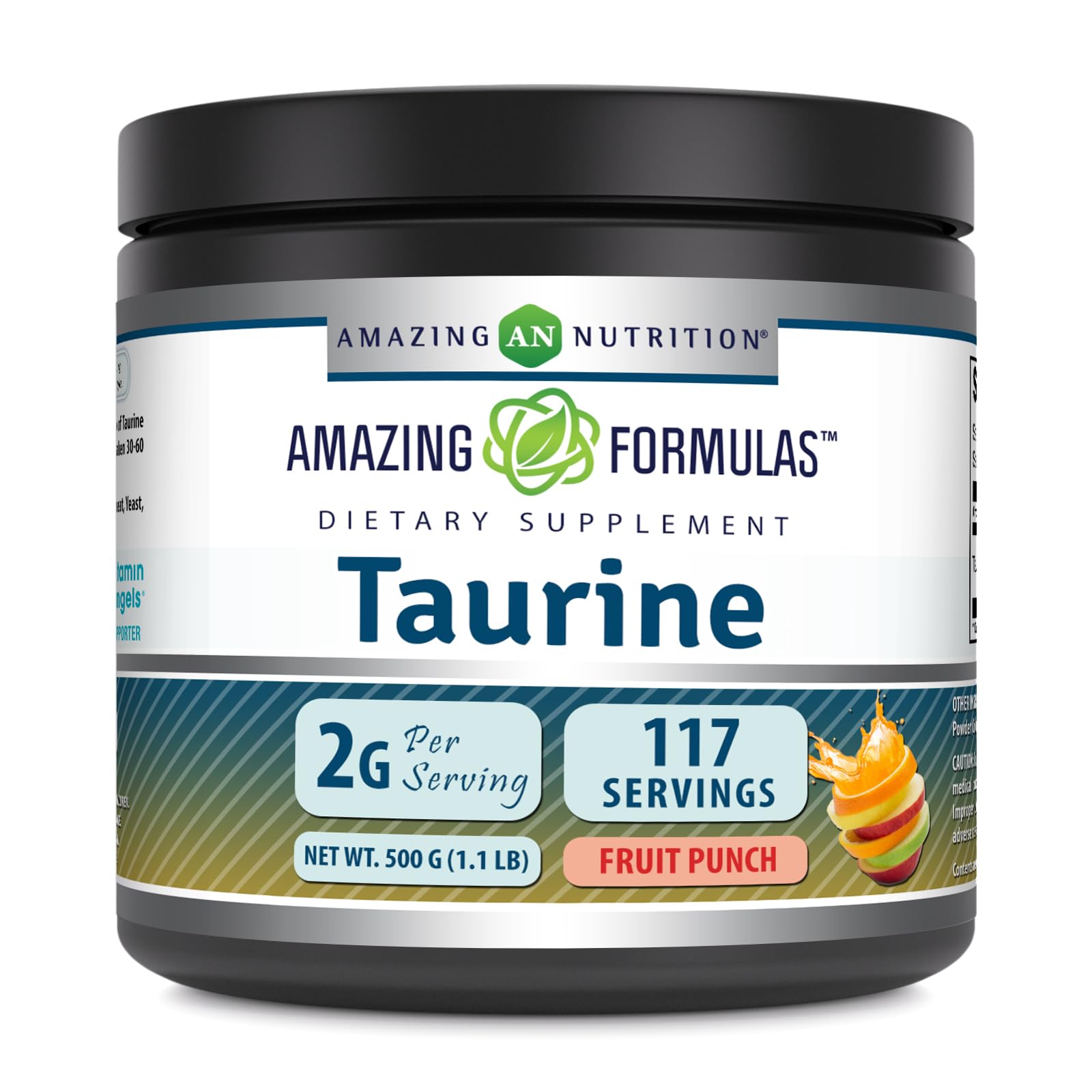 Amazing Nutrition Taurine powder bottle front view for energy and focus support.