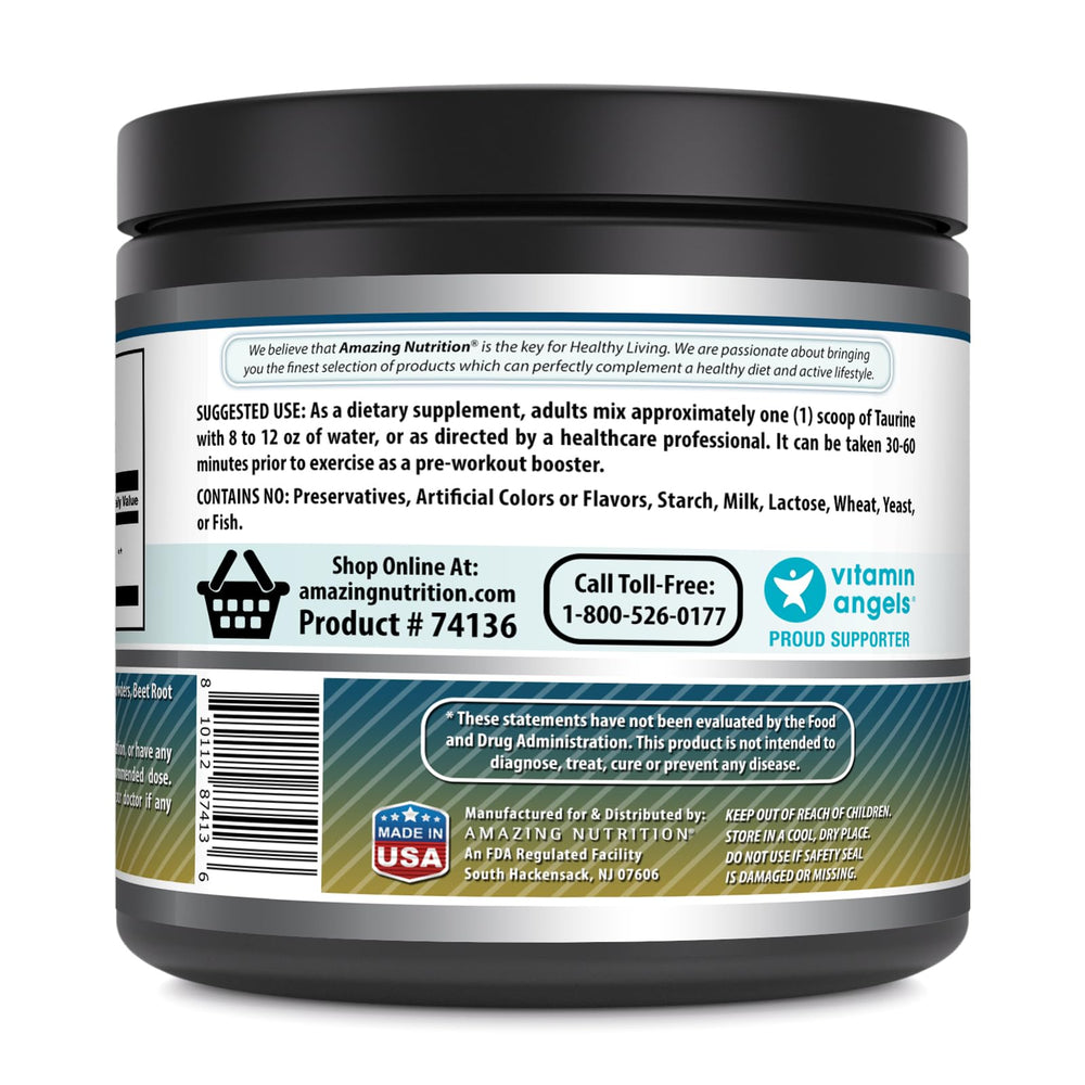 Amazing Nutrition Taurine powder label close-up highlighting GMP quality.