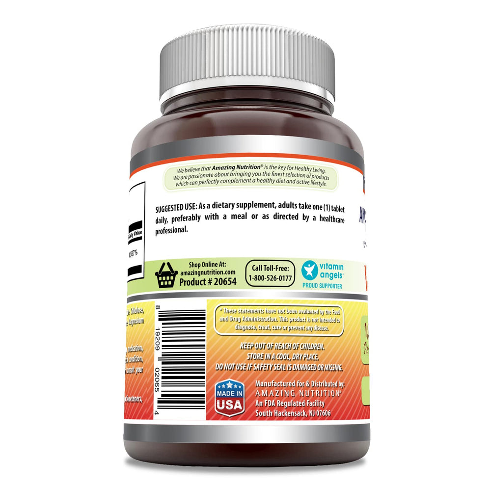 Amazing Nutrition Vitamin C 1000 mg bottle label highlights non-GMO and gluten-free features.