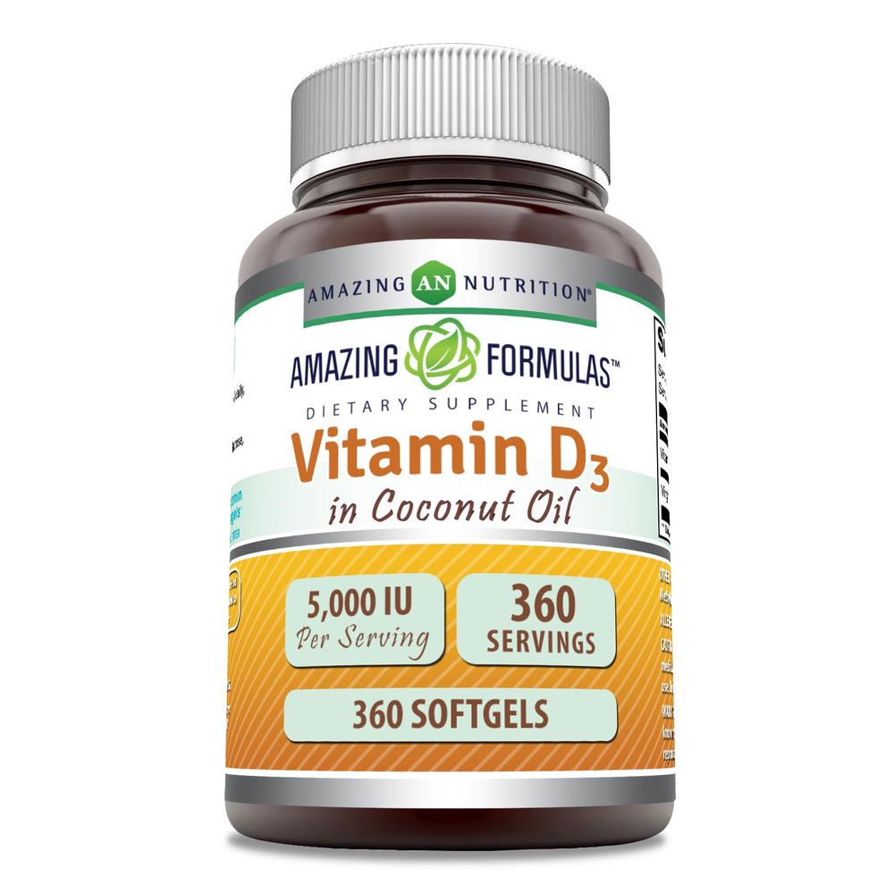 Amazing Nutrition Vitamin D3 coconut oil softgels bottle for daily wellness.