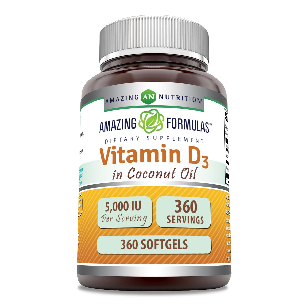 Amazing Nutrition Vitamin D3 coconut oil softgels bottle for daily wellness.