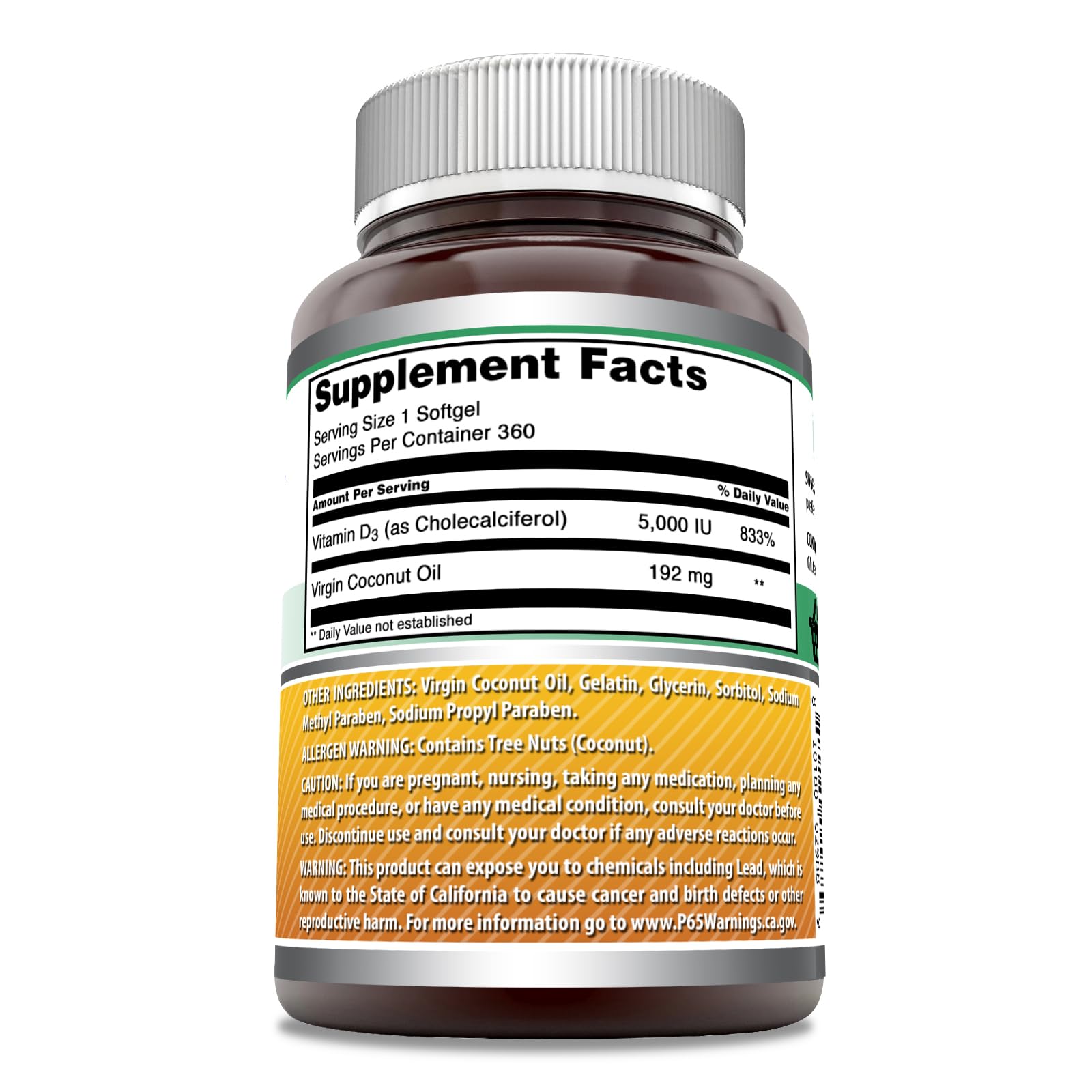 Amazing Nutrition Vitamin D3 coconut oil softgels label close-up highlighting potency.