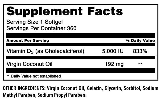 Amazing Nutrition Vitamin D3 coconut oil softgels packaging on countertop shows convenient daily supplement.