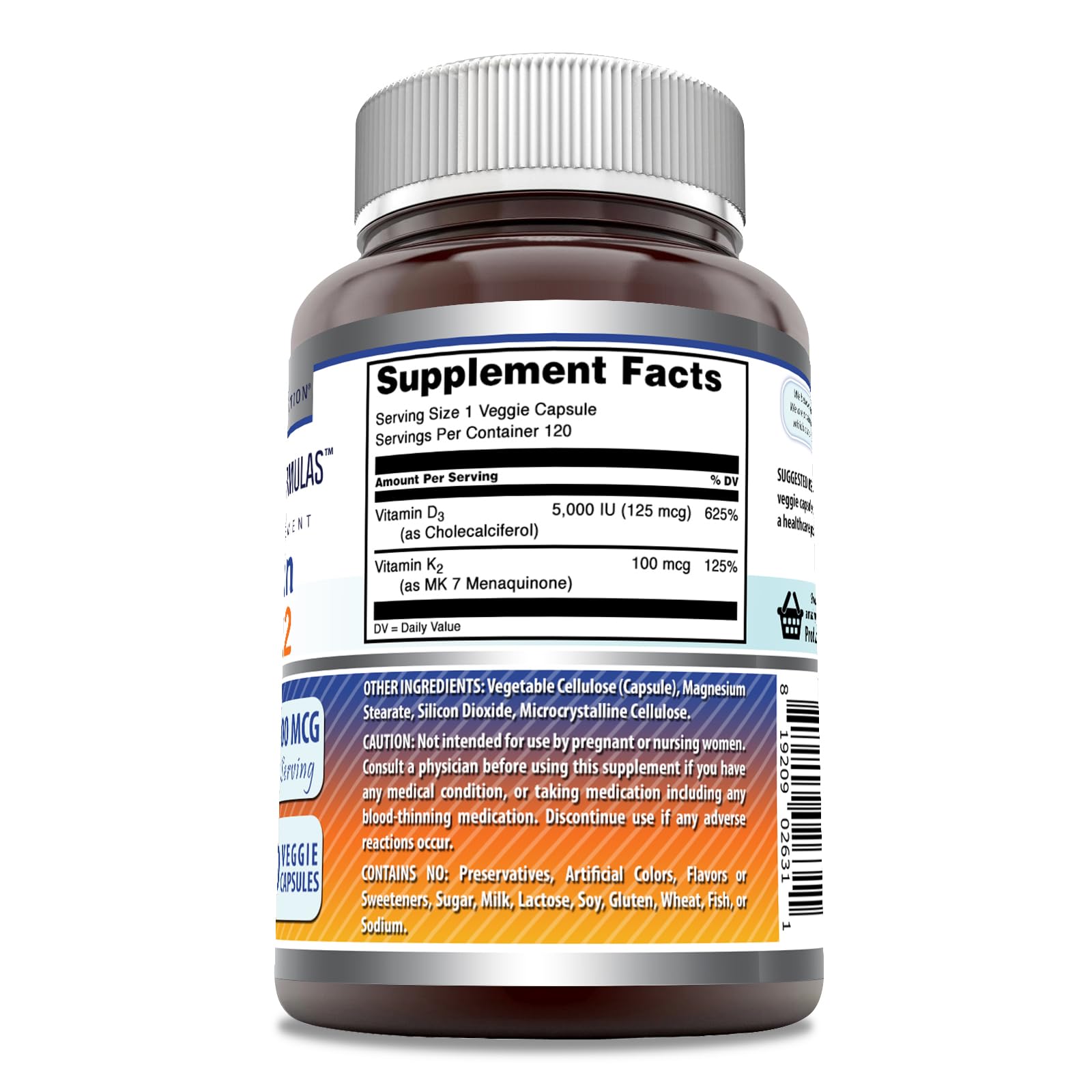 Etiqueta frontal de Amazing Nutrition mostrando D3 y K2 en cápsulas vegetales.
