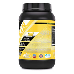 Amazing Muscle whey powder scoop banana tub closeup highlights premium protein option