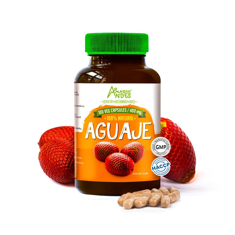 Amazon Andes Aguaje capsules bottle, vegan and gluten-free daily use.