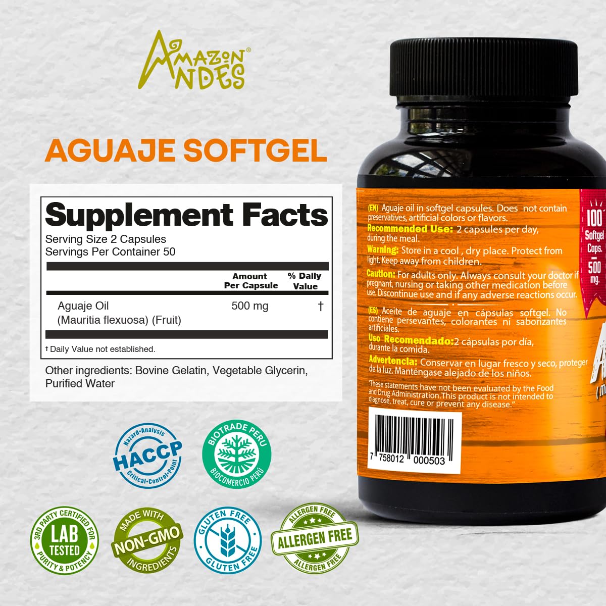 Amazon Andes Aguaje oil softgel capsules ready for daily plant-based use.
