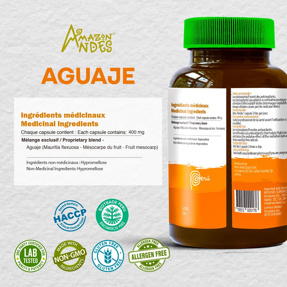 Eco-friendly packaging and label for Amazon Andes Aguaje capsules.