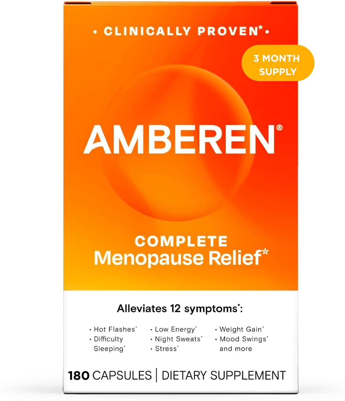 Amberen bottle front with 180 capsules for menopause support.