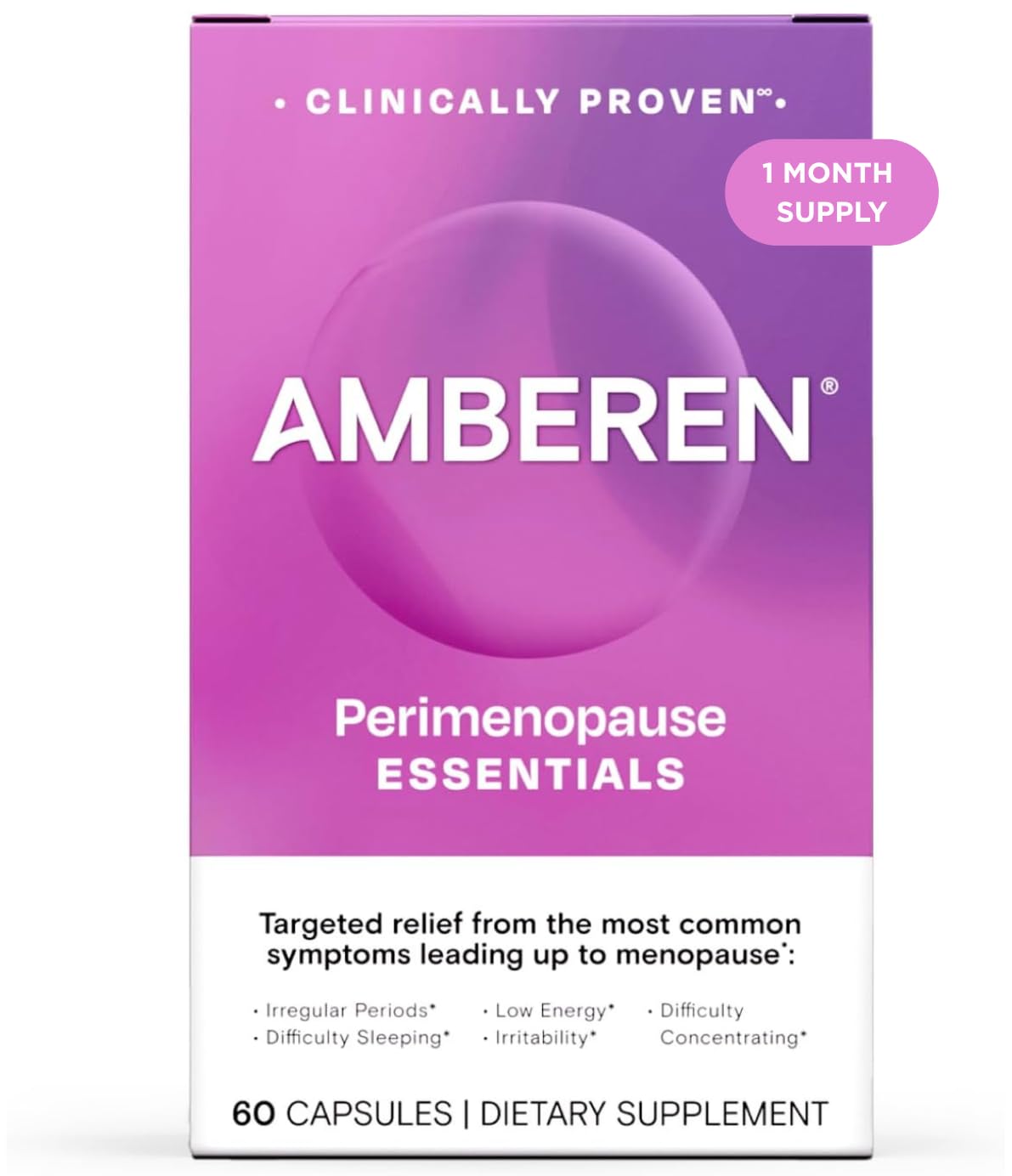 Amberen perimenopause bottle front view signals daily symptom support.