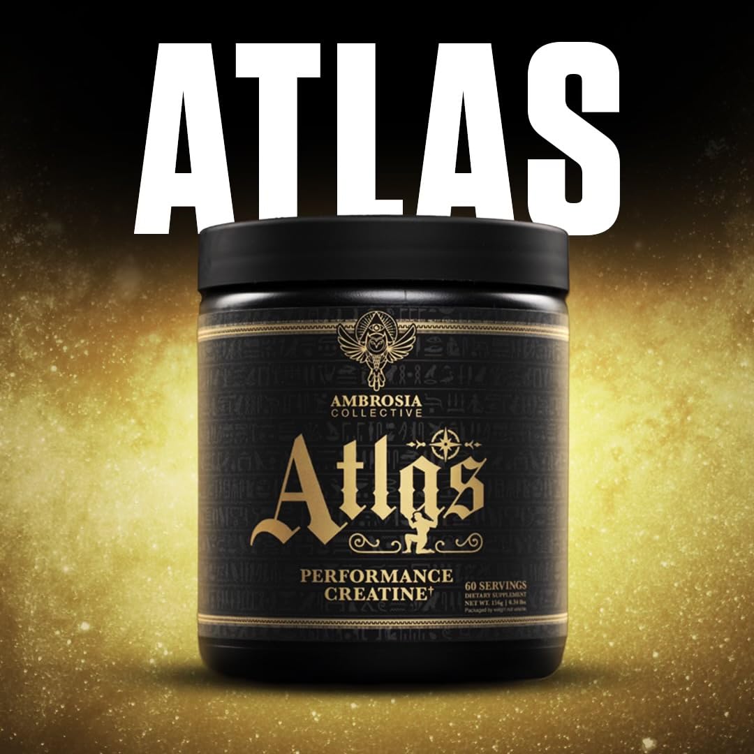 Ambrosia Atlas Creapure powder scoop highlights premium formula for strength support.