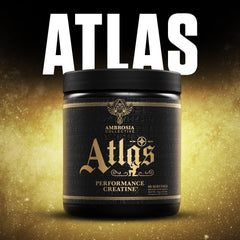 Ambrosia Atlas Creapure powder scoop highlights premium formula for strength support.