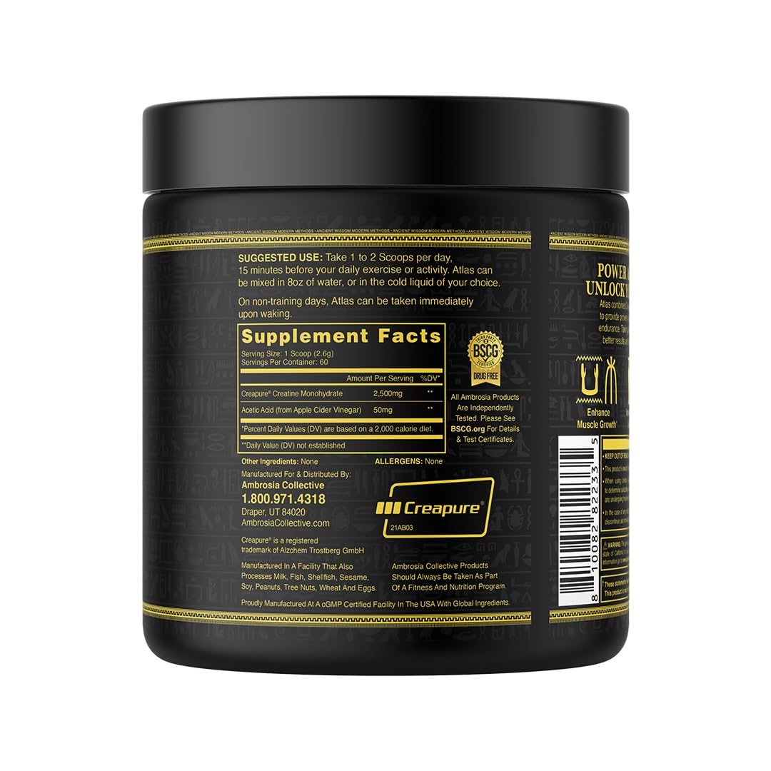 Ambrosia Atlas creatine powder closeup shows clean, pure ingredients for performance.