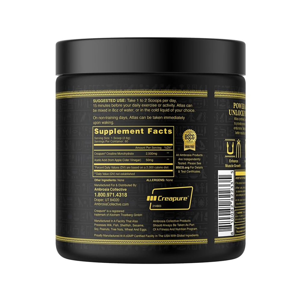 Ambrosia Atlas creatine powder closeup shows clean, pure ingredients for performance.