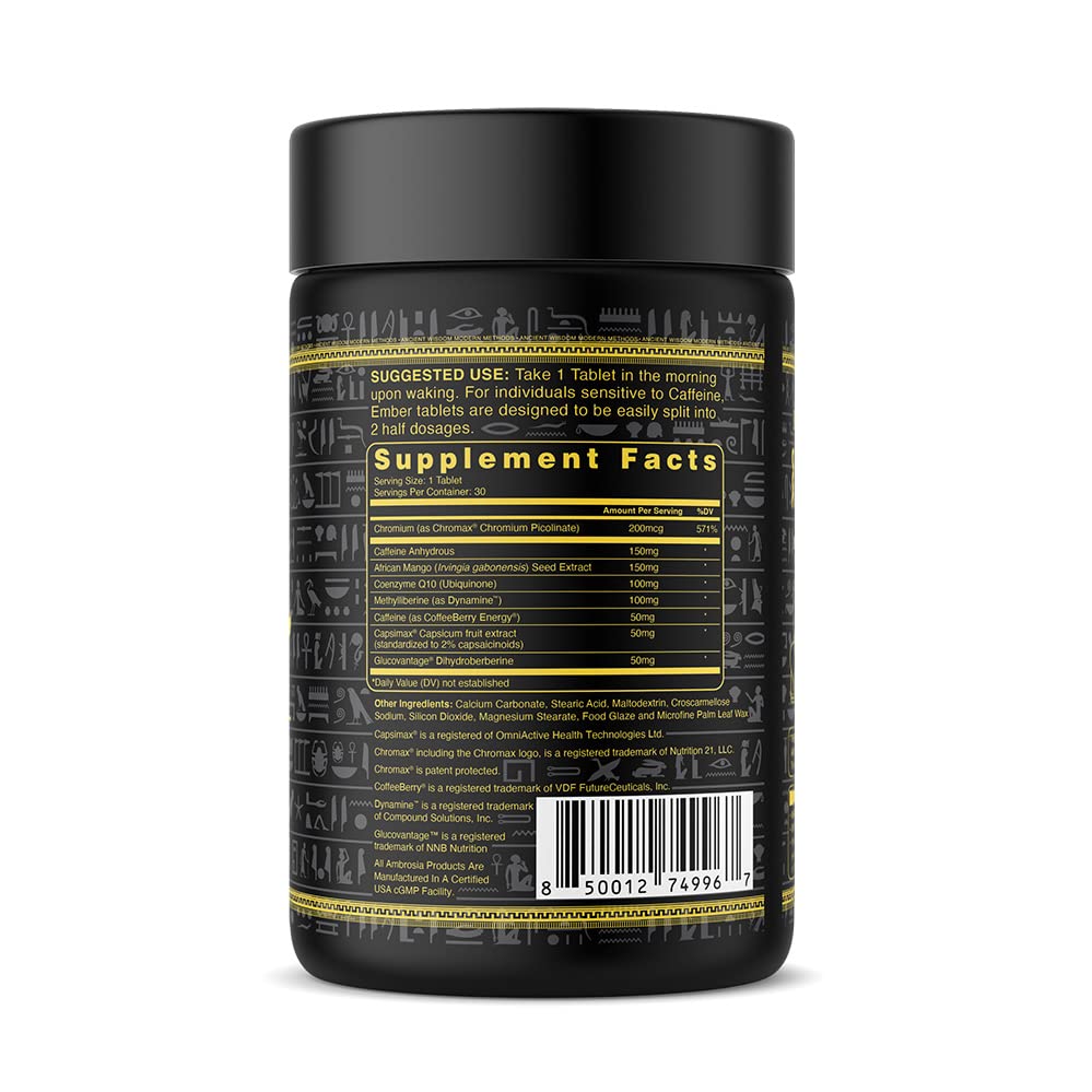 Ambrosia Ember label close-up highlights CapsiMax and key ingredients