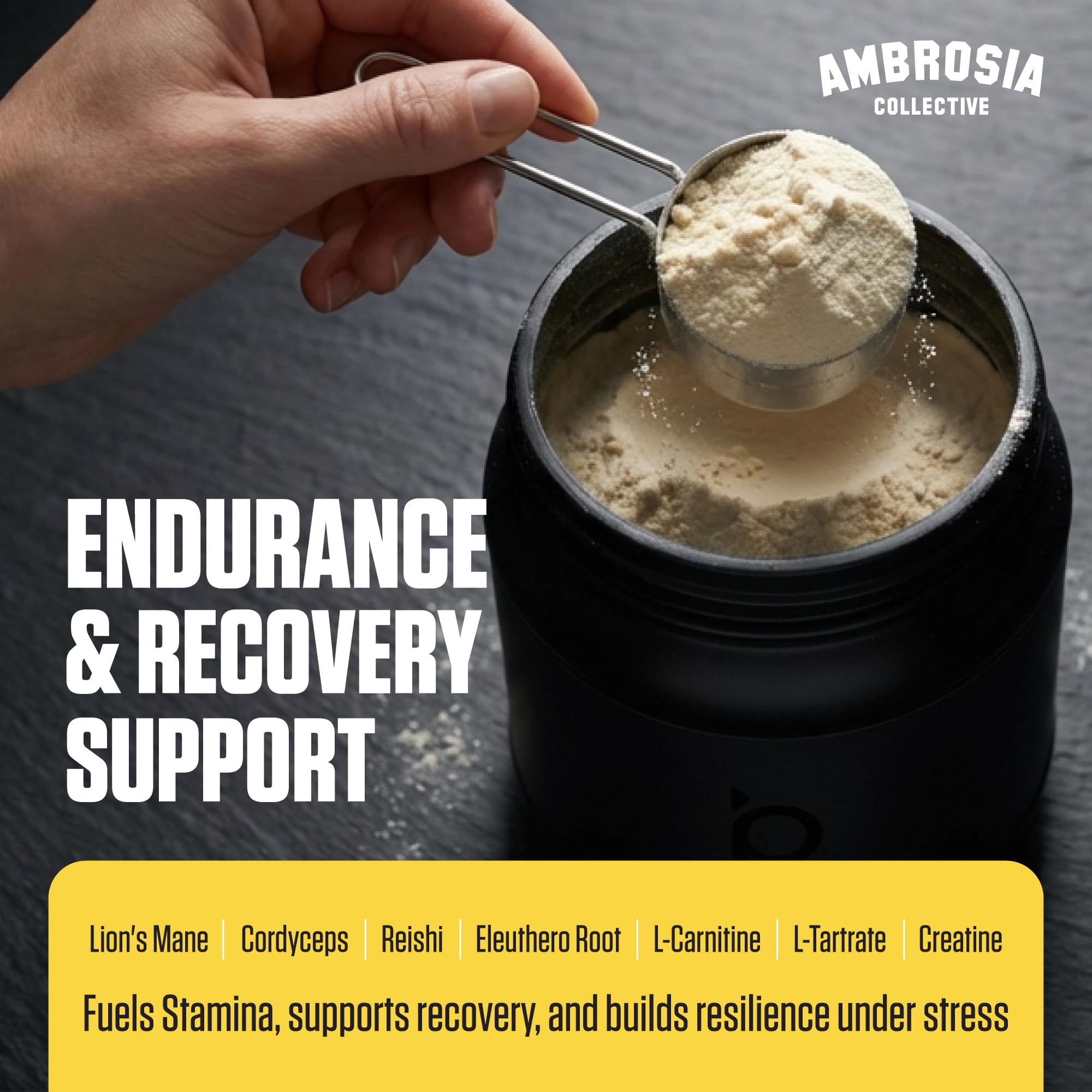 Ambrosia Kinetic powder-jar-closeup reveals texture and strawberry guava flavor.
