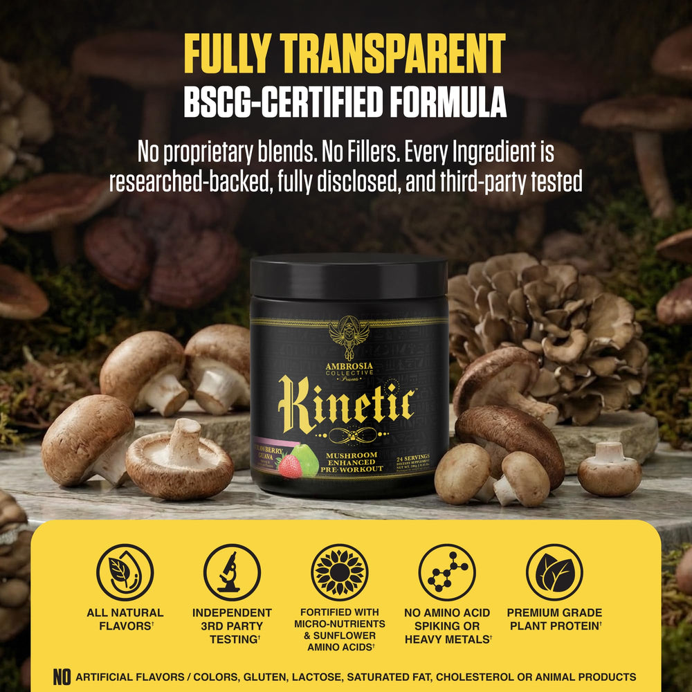 Ambrosia Kinetic strawberry-guava powder emphasizes clean energy without jitters.