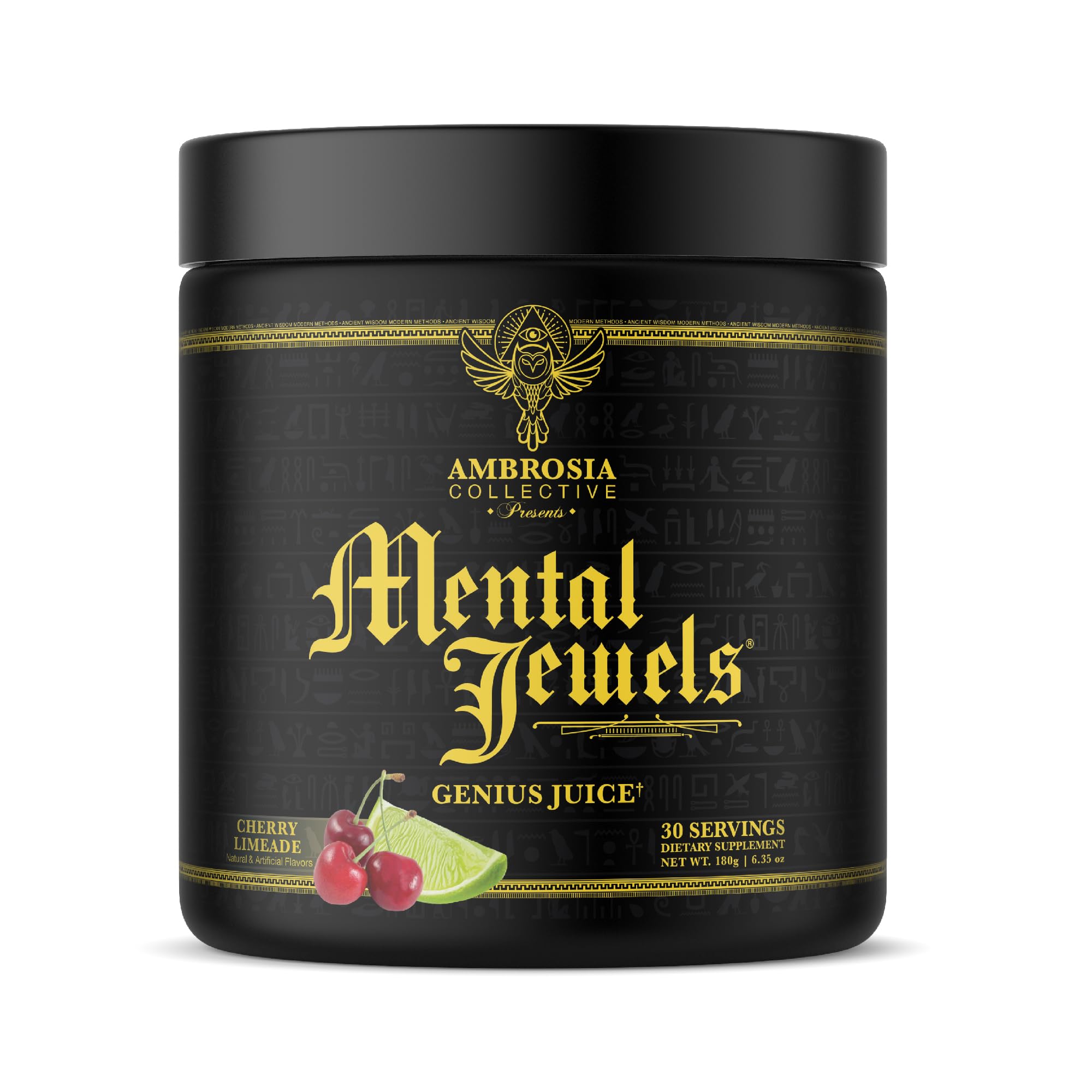Ambrosia Mental Jewels bottle pour for easy mixing and cognitive support.