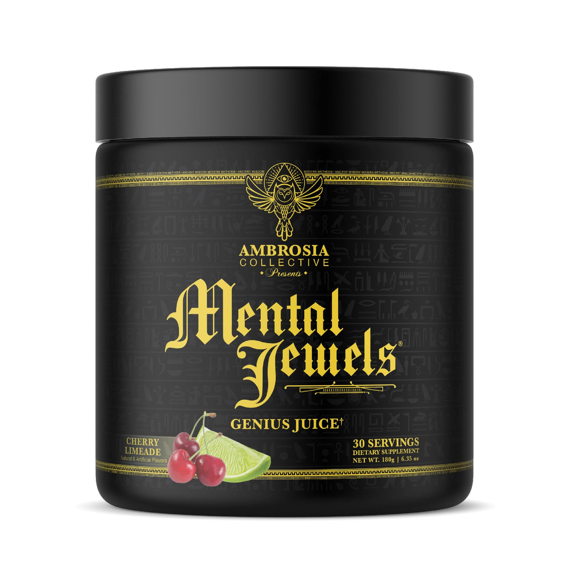Ambrosia Mental Jewels bottle pour for easy mixing and cognitive support.