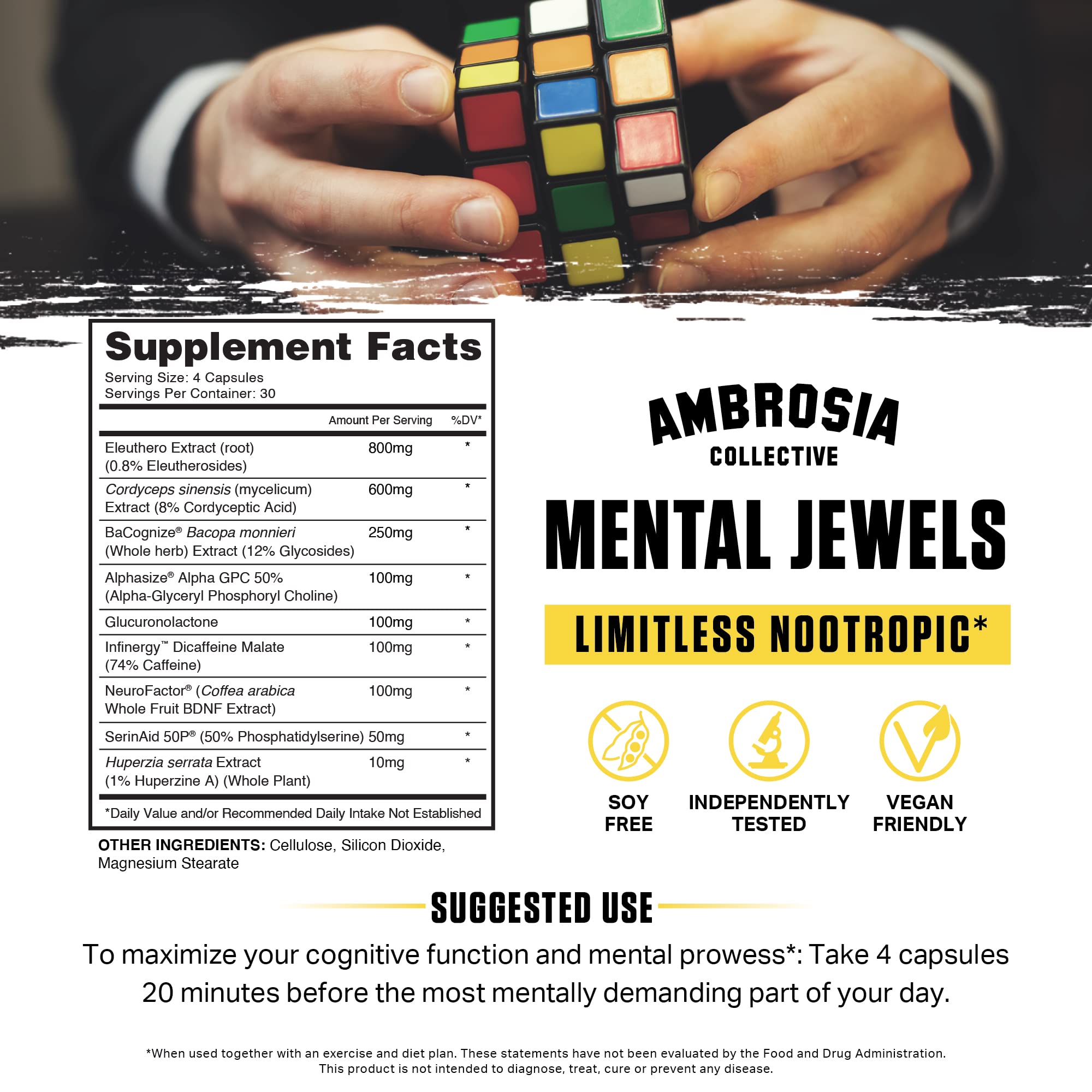 Ambrosia Mental Jewels capsules in hand for easy daily use
