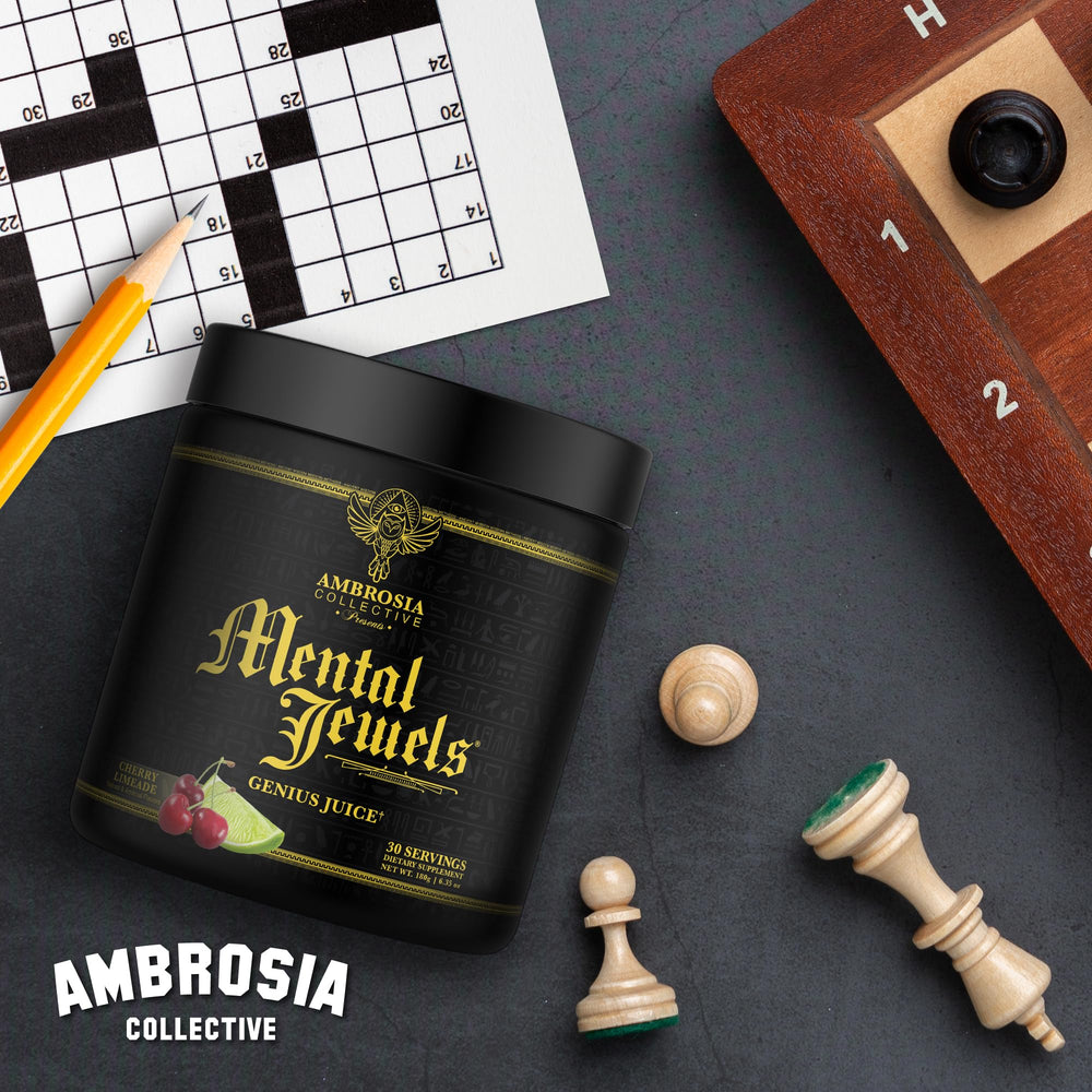 Ambrosia Mental Jewels jar closeup reveals powder texture ideal for mixing.