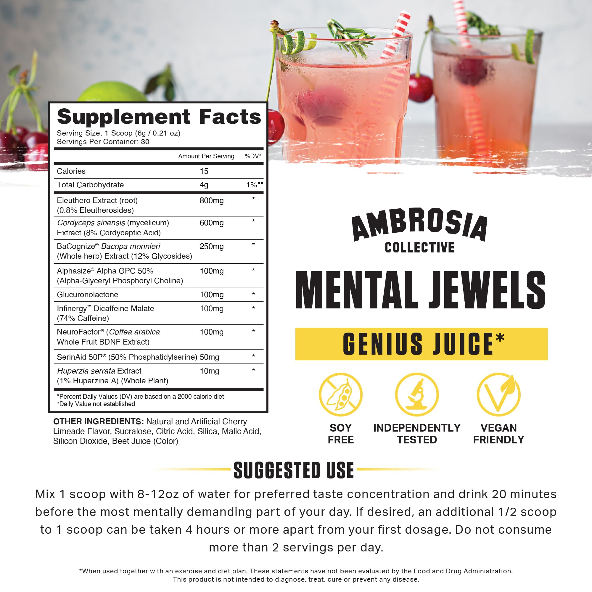 Ambrosia Mental Jewels scoop with glass ready for a focus session.