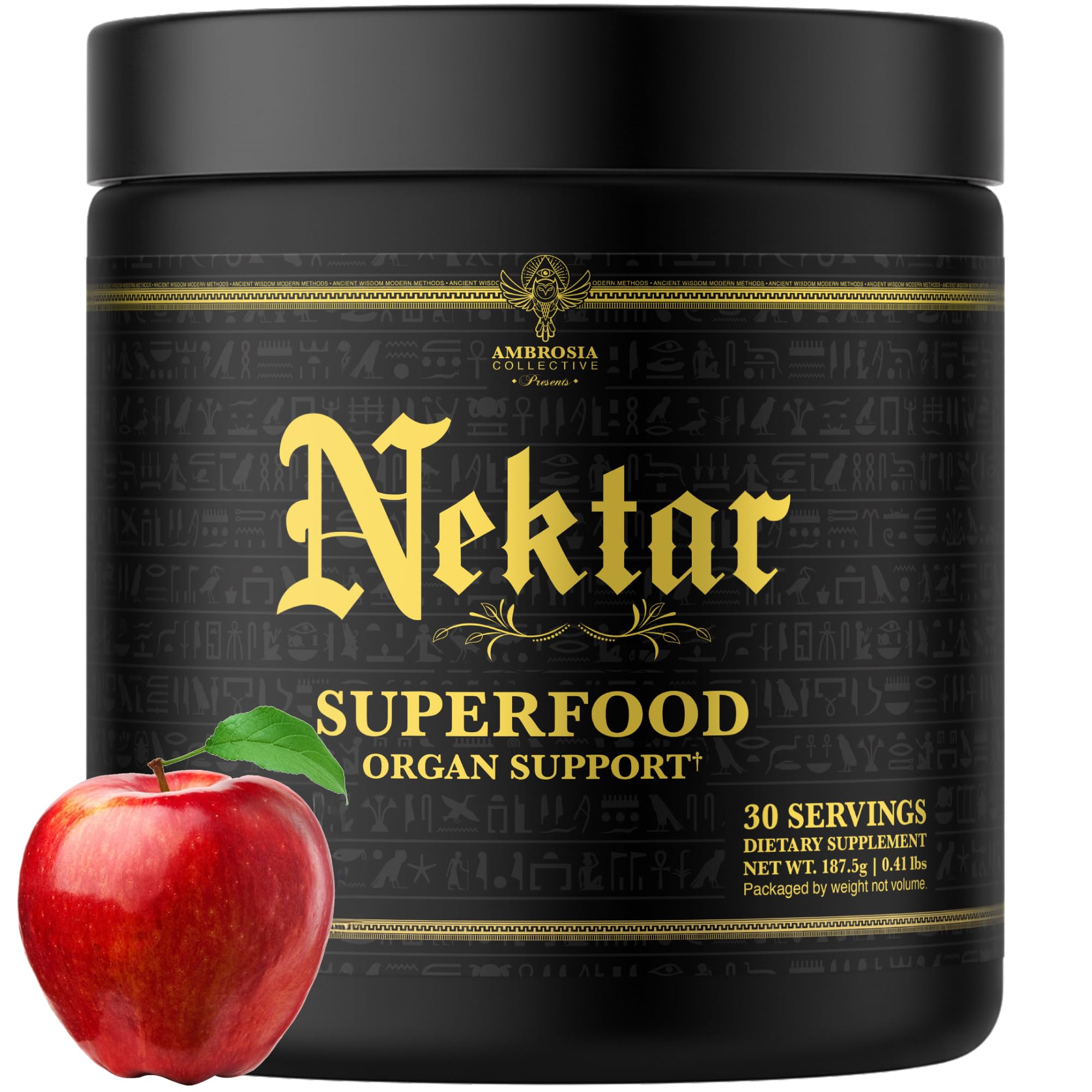 Ambrosia Nektar Apple Symphony bottle, premium superfood blend for daily wellness.