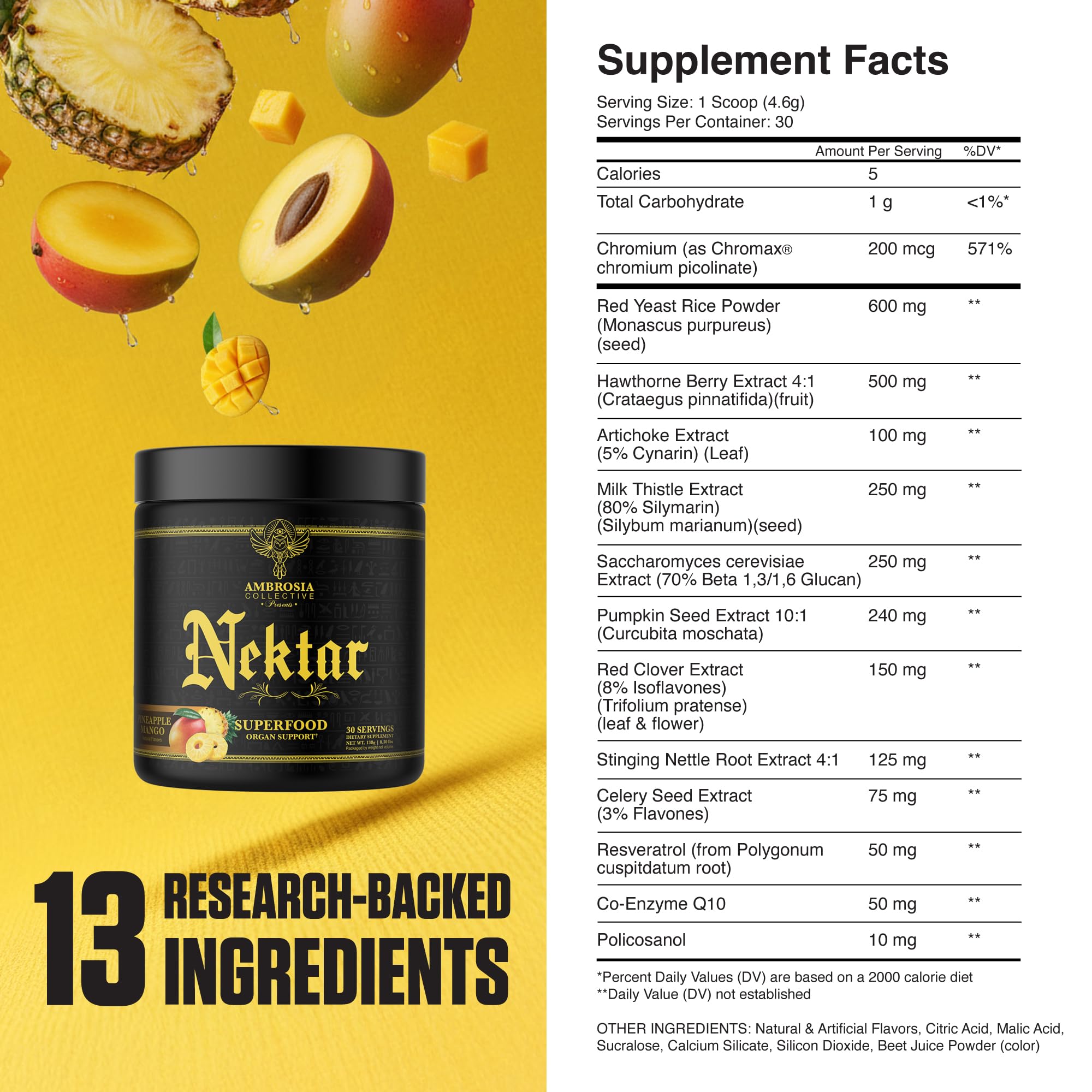 Ambrosia Nektar bottle and label emphasize quality and third-party testing.