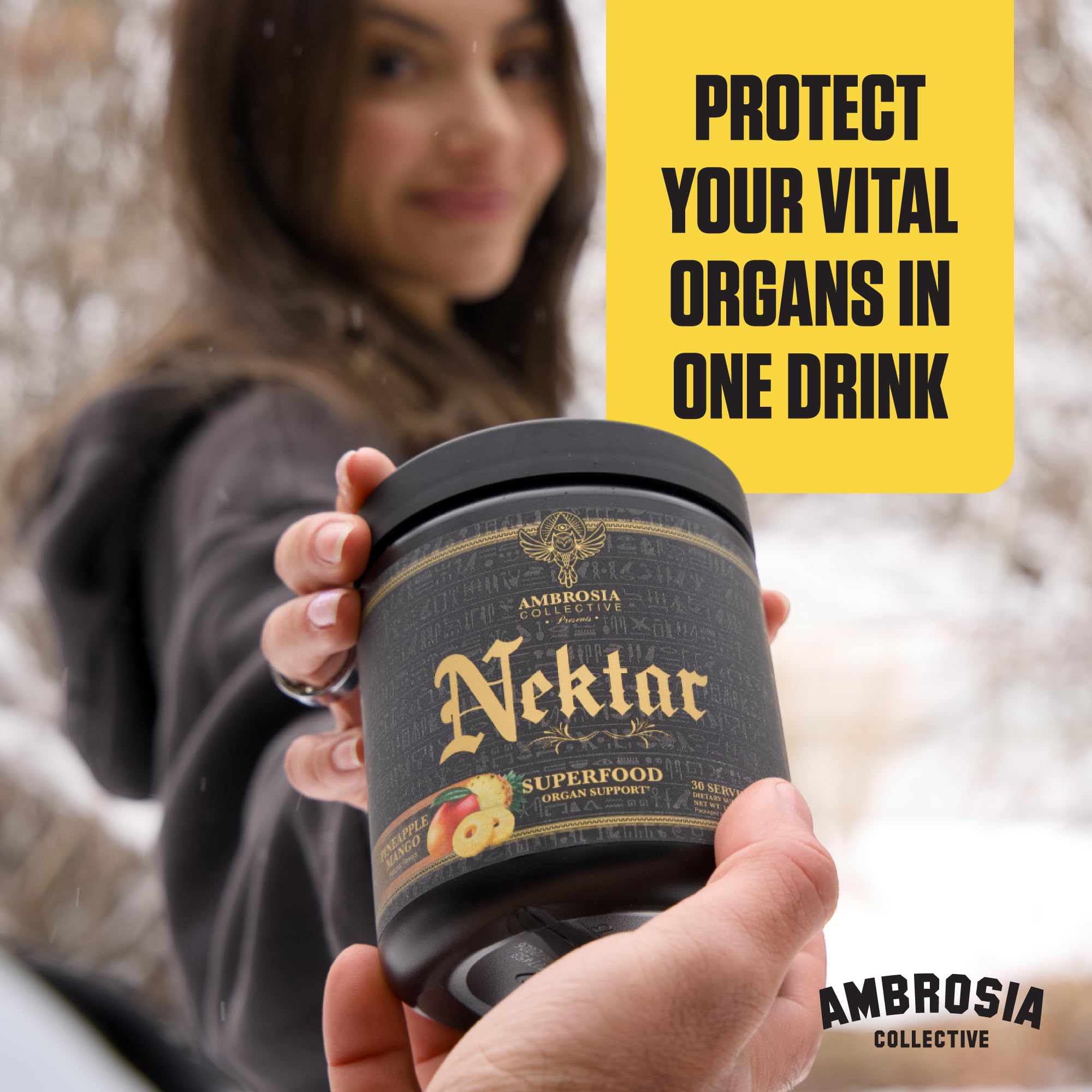 Ambrosia Nektar shaker and powder, ideal for on-the-go use.