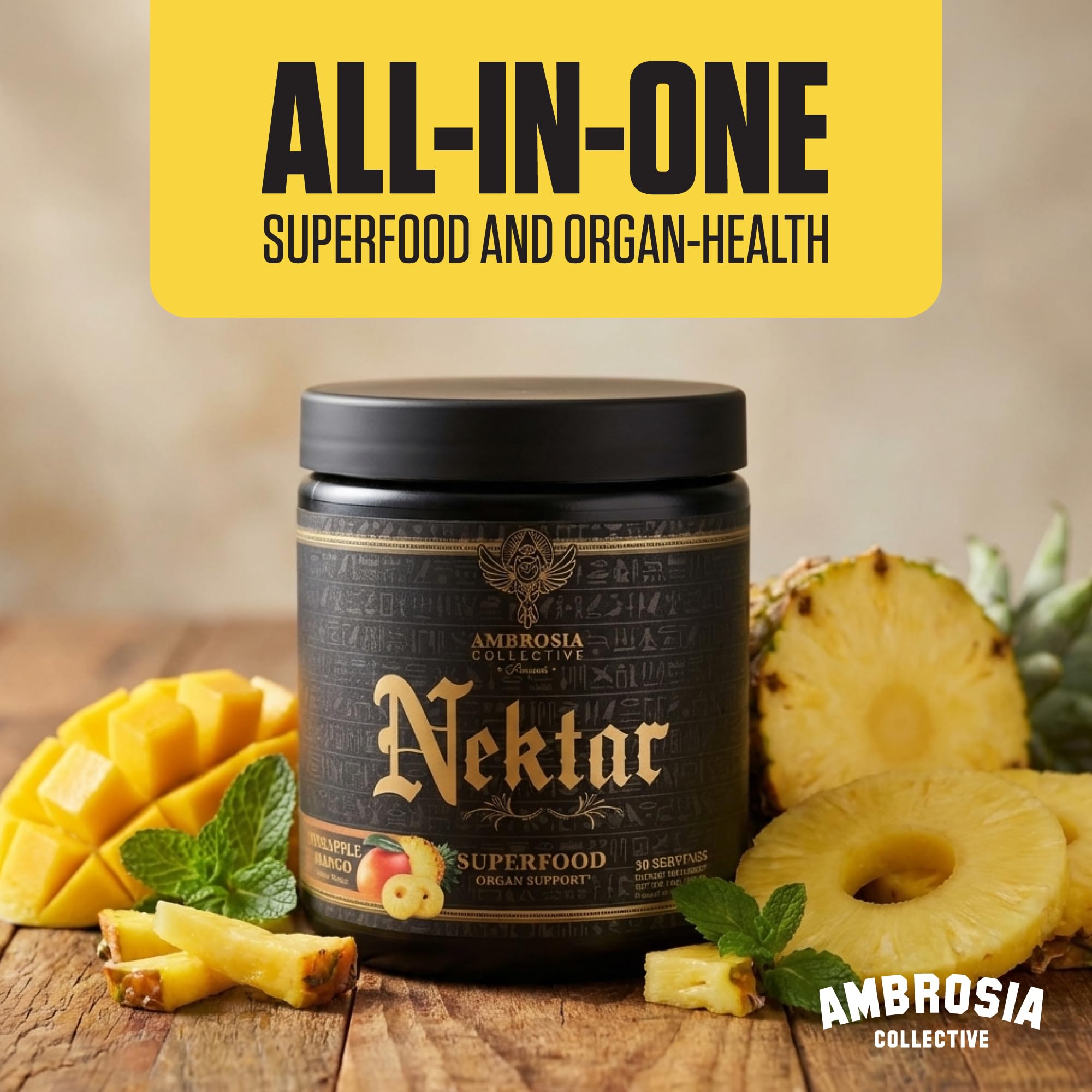 Ambrosia Nektar fruits and powder bowl inspire healthy smoothie prep.